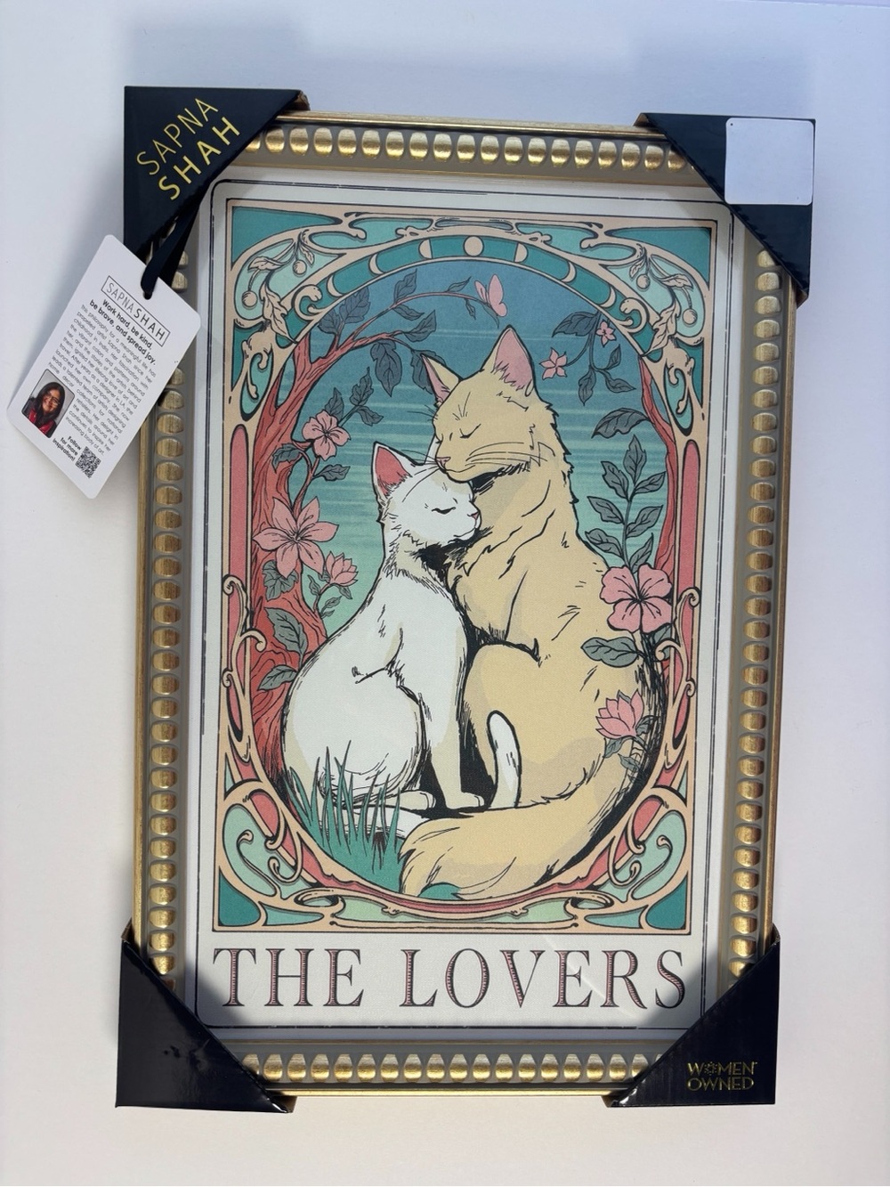 "The Lovers" Trendy Framed Cat Art Print - Teal & Cream by Sapna Shah